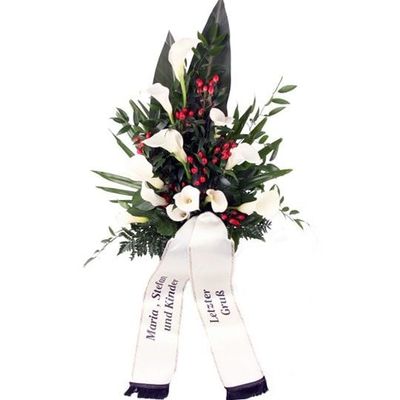 Grabstrauß Weiß-Rot mit Calla mit Schleife von Blumenfee auf blumen.de
